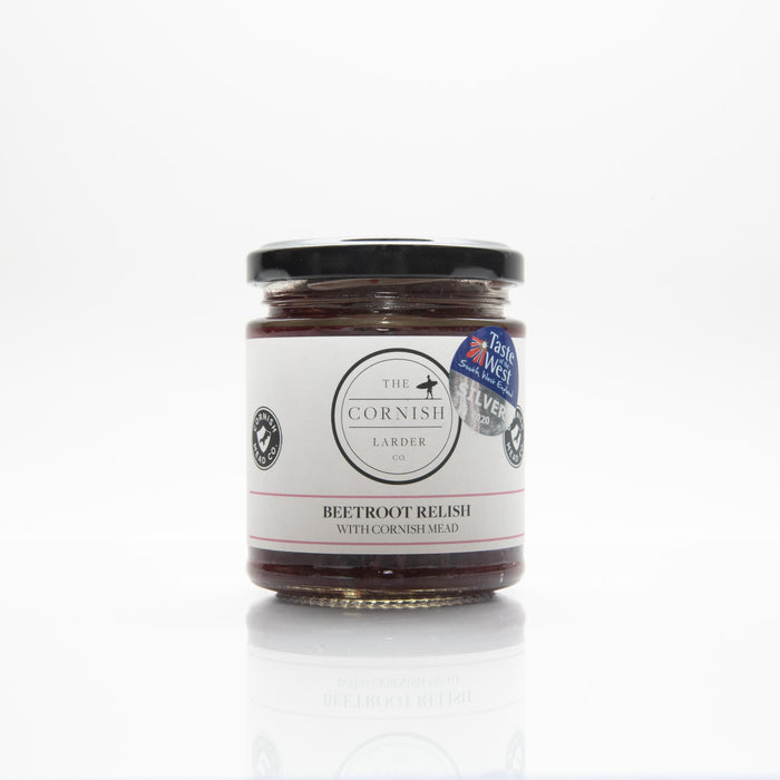 A jar of beetroot relish made in Cornwall with Cornish Mead 
