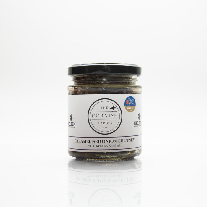Jar of caramelised onion chutney with keltek ale