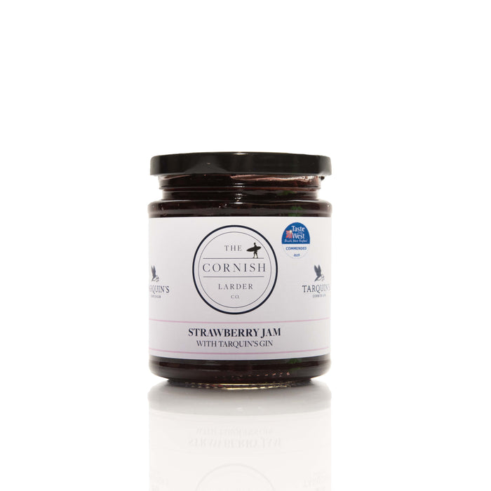 Strawberry Jam with Tarquin's Gin sits in front of a white background