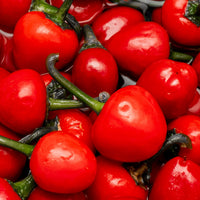 A close-up pile of glossy red chilli peppers with green stems filling the frame.