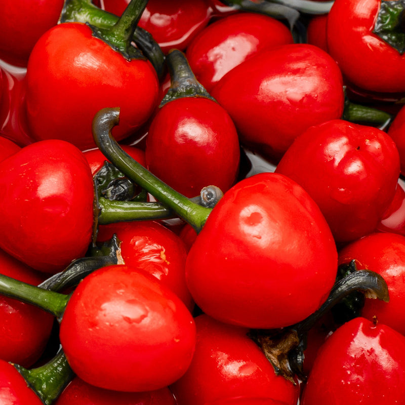 A close-up pile of glossy red chilli peppers with green stems filling the frame.